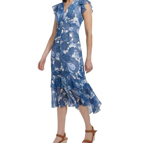 Tommy Hilfiger Chiffon Blue/White Paisley Flutter Sleeve Ruffle Hem Midi Dress 4 - Picture 3 of 5